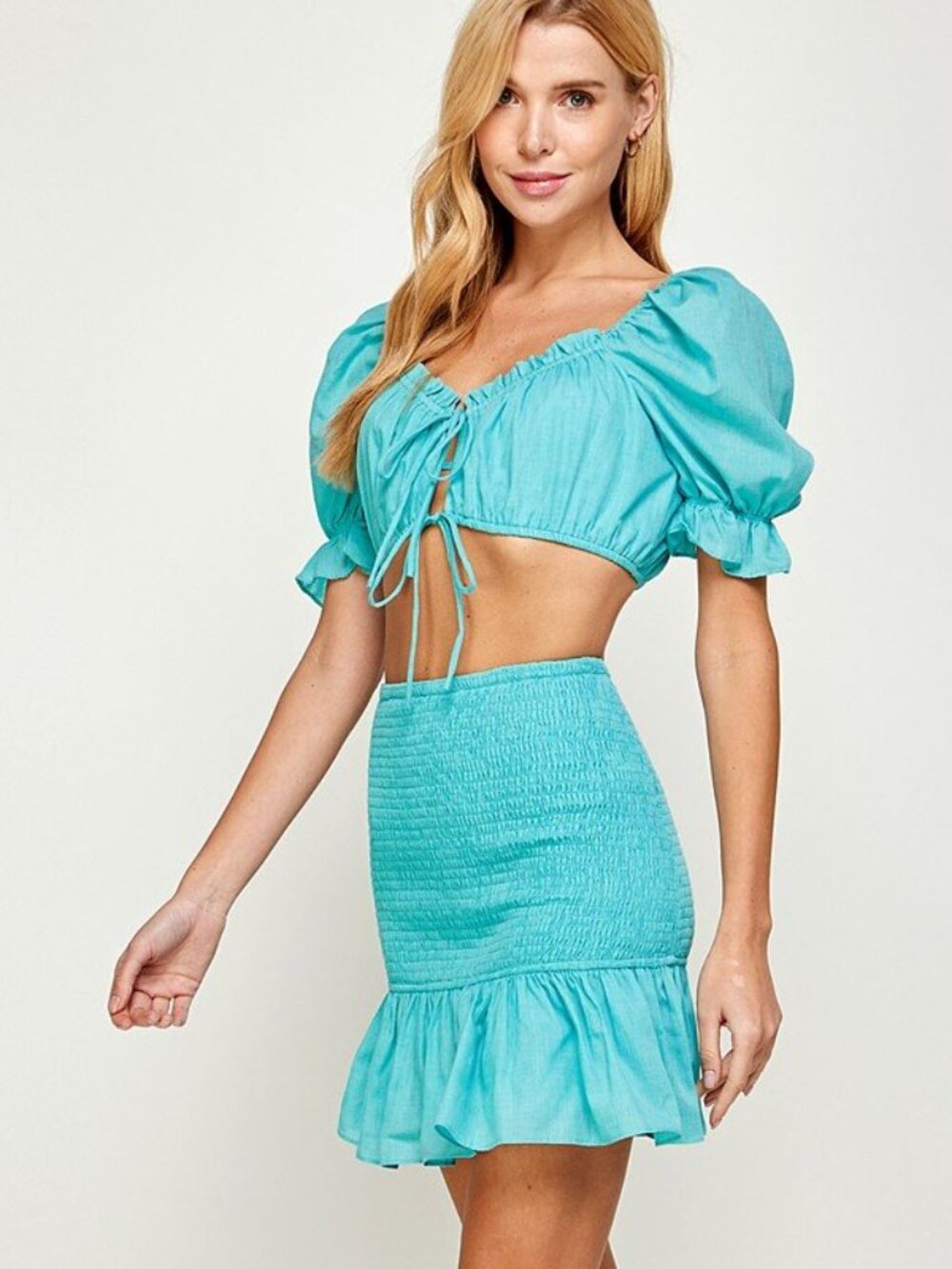 NWT Milk & Honey Turquoise Smocked Skirt Set Puff Sleeve Two Piece